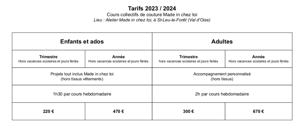 tarifs des cours enfants et adultes Saint Leu la Foret 2023 2024